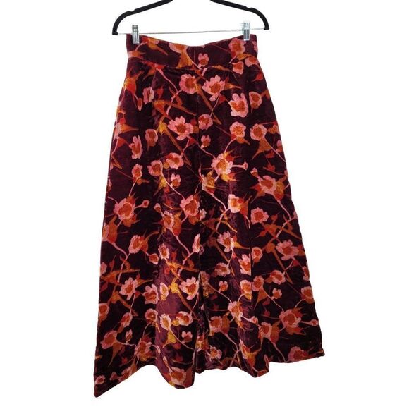 Vintage 70's Pants Bell Bottoms High Rise Wide Leg Flare Velvet Floral Wine S - Picture 5 of 11
